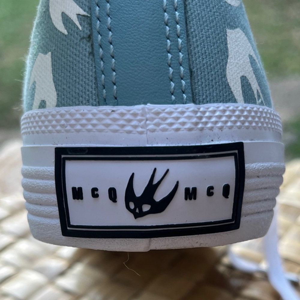 McQ by Alexander McQueen Light Blue High-Top Sneakers Swallow Print sz 38 - Picture 3 of 6